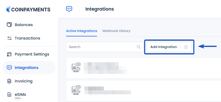 Integrations page with Add Integration button highlighted