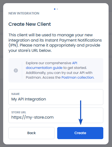 Create new integration client screen