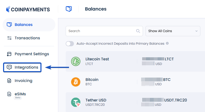 Dashboard with Integrations tab highlighted