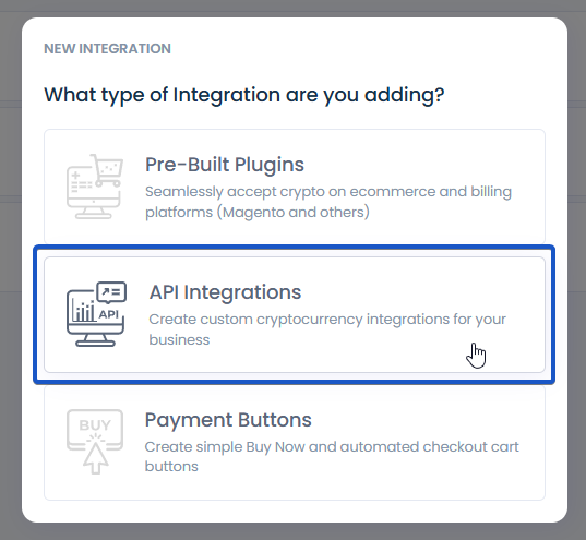 Integration type selection screen with API Integrations highlighted