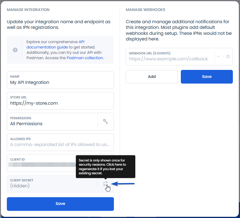 Integration detail page with the reset client secret button highlighted