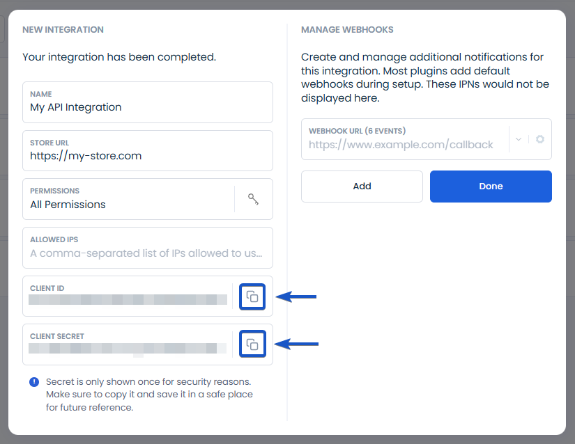 Newly created integration client credentials