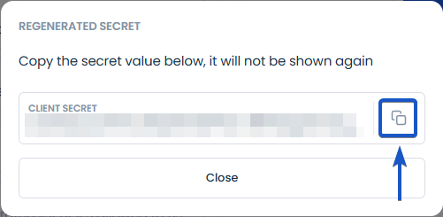 New client secret displayed with a copy button highlighted