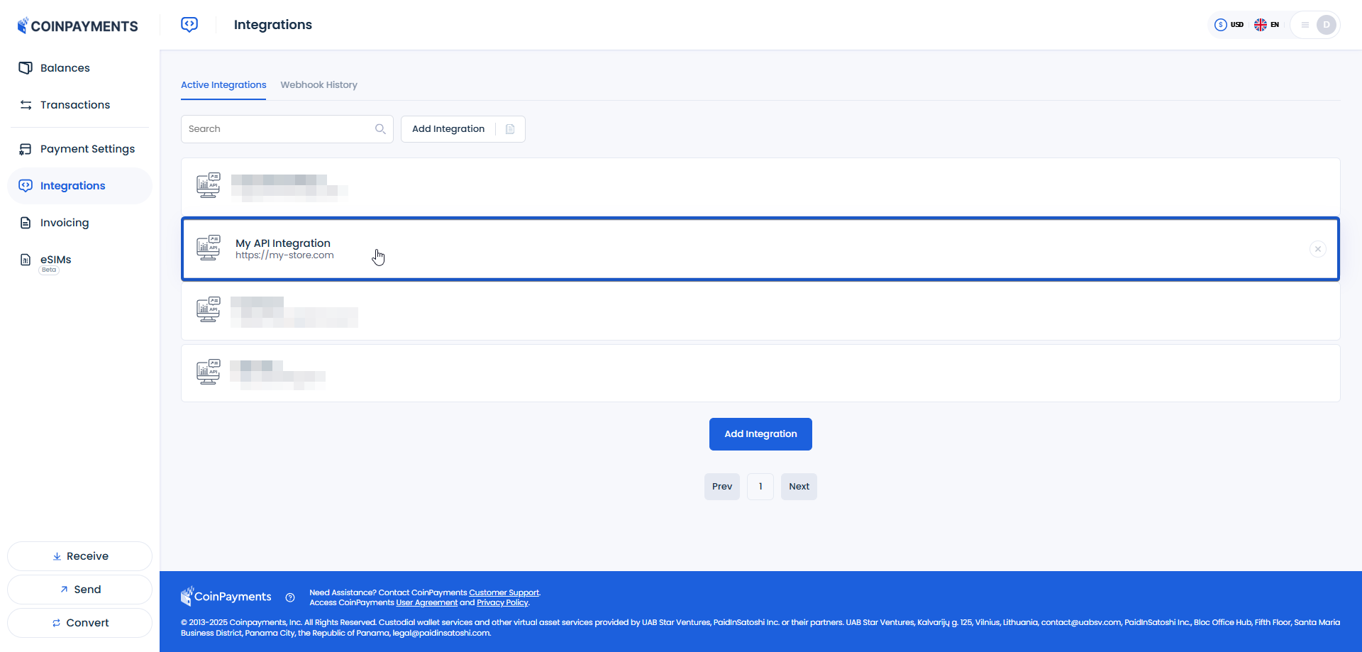 Integrations list with the target integration highlighted