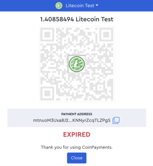 Invoice checkout page after the payment timeout expired