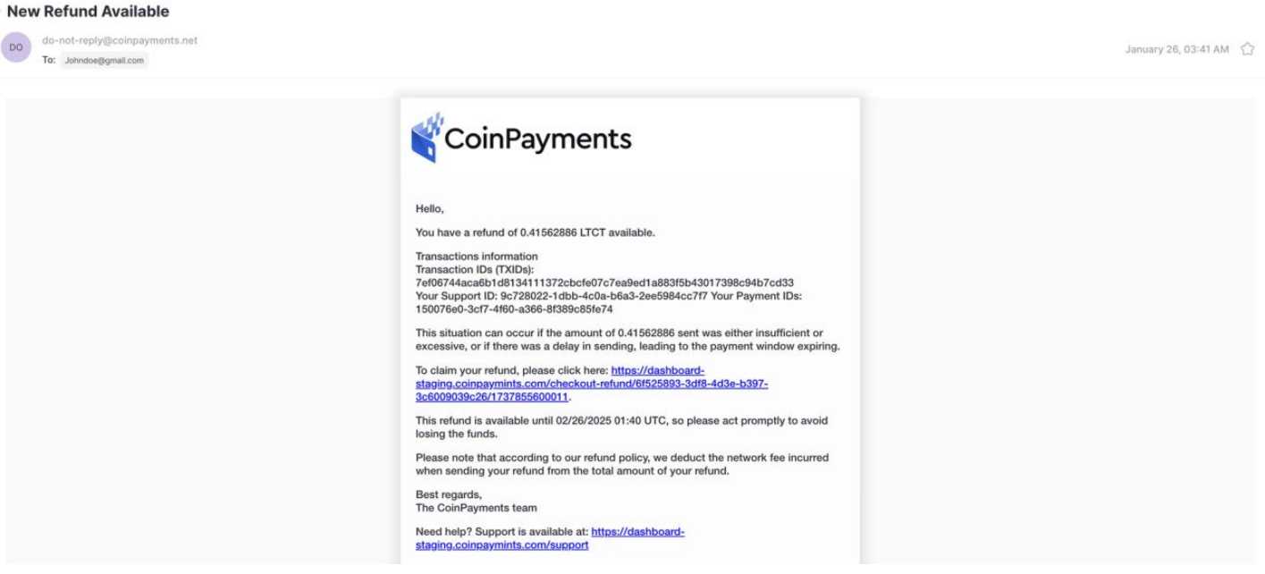New Refund Available email from CoinPayments