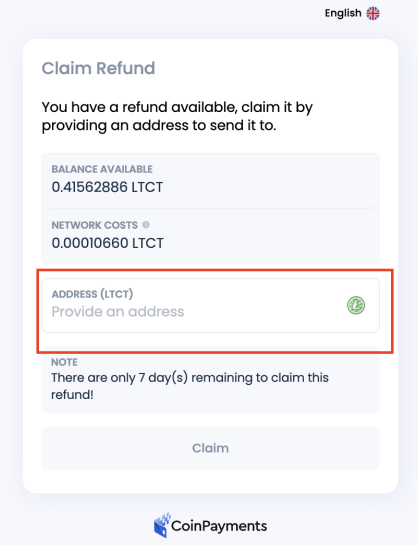 Refund wallet address entry form