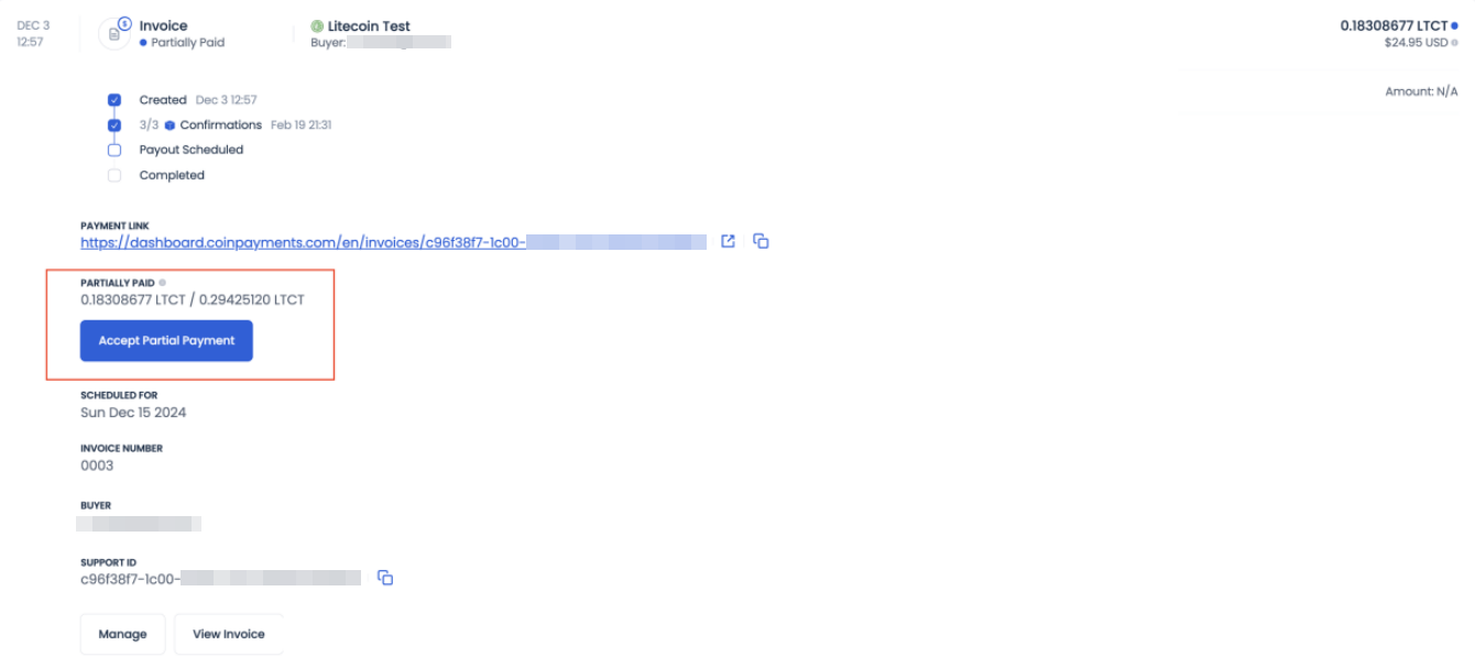 Accept Partial Payment action on a transaction row