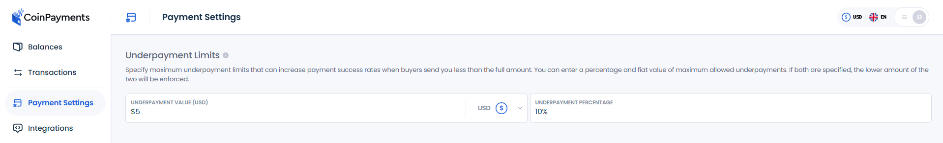 Underpayment limit configuration controls