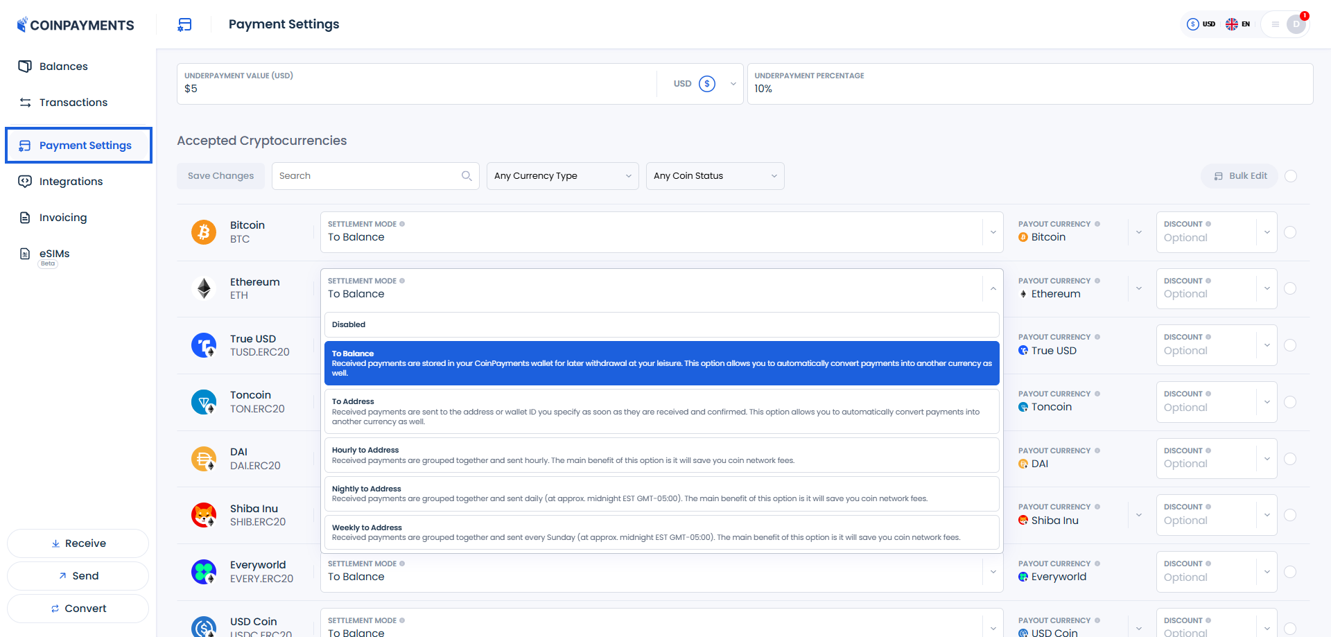 Payment Settings screen on the CoinPayments dashboard