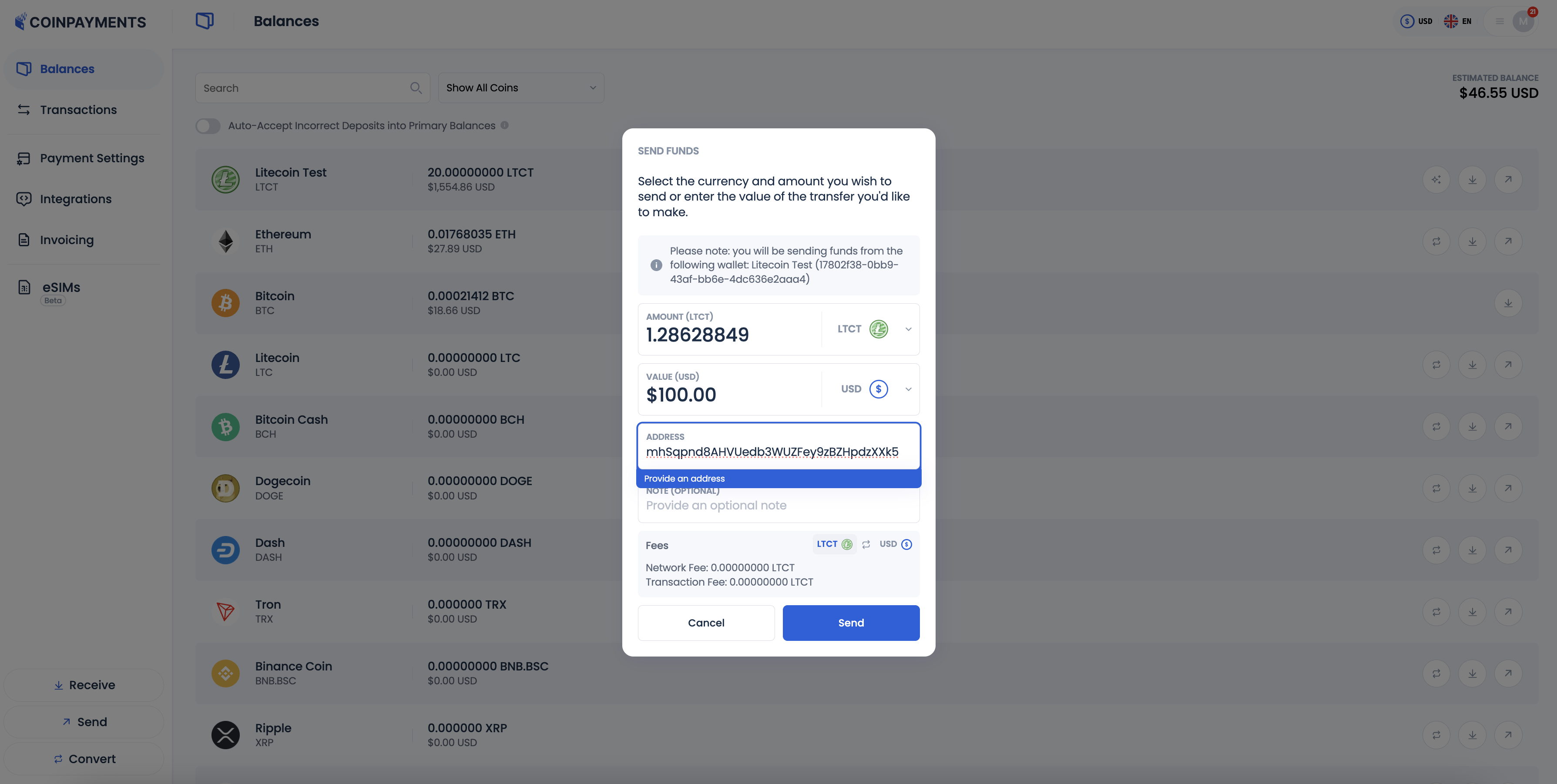 Test Checkout Send