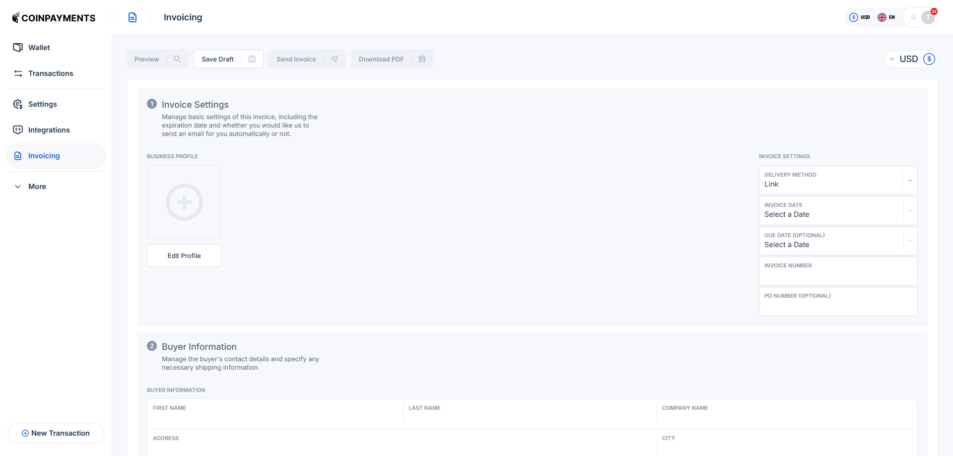 Invoice creation tool on the CoinPayments dashboard