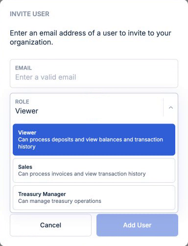 Invite User dialog with the role list open: Viewer, Sales and Treasury Manager