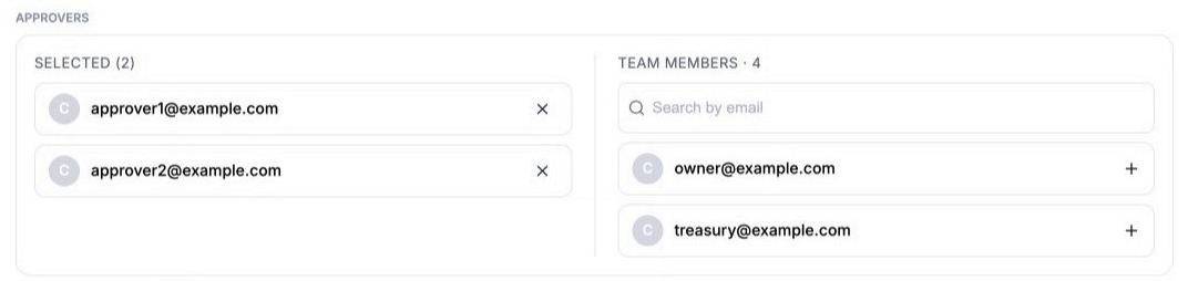 Approvers picker with two selected approvers and the remaining team members